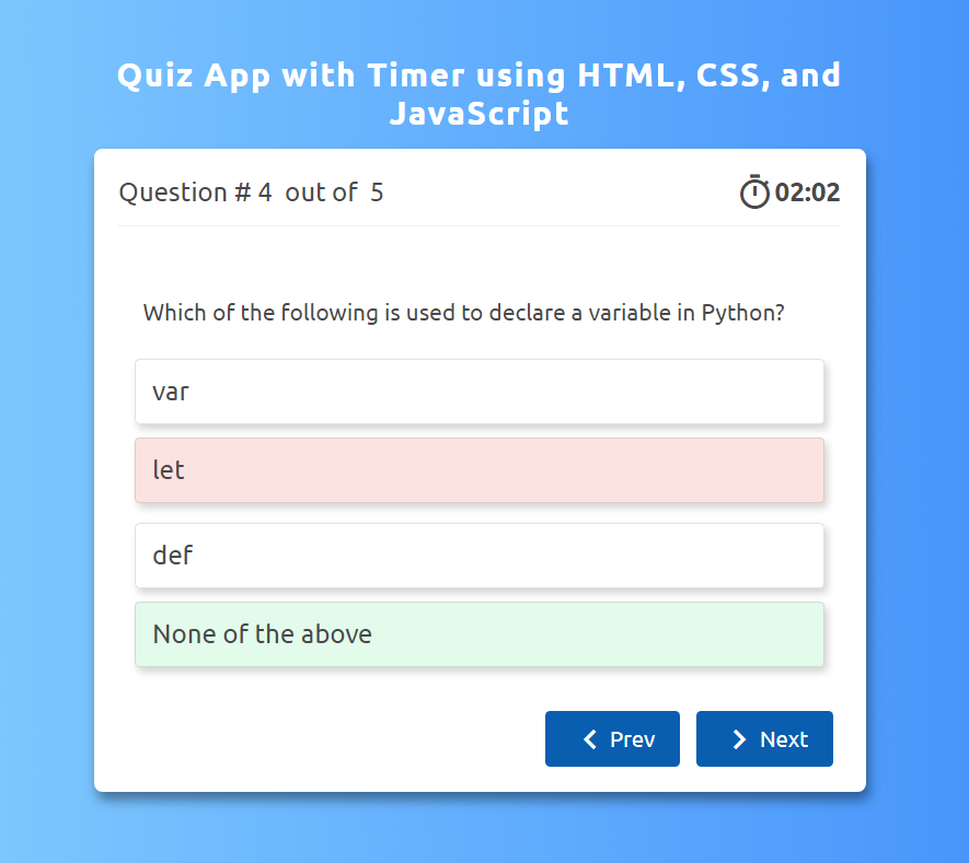 Simple Quiz App with a Timer Using HTML, CSS, and JavaScript