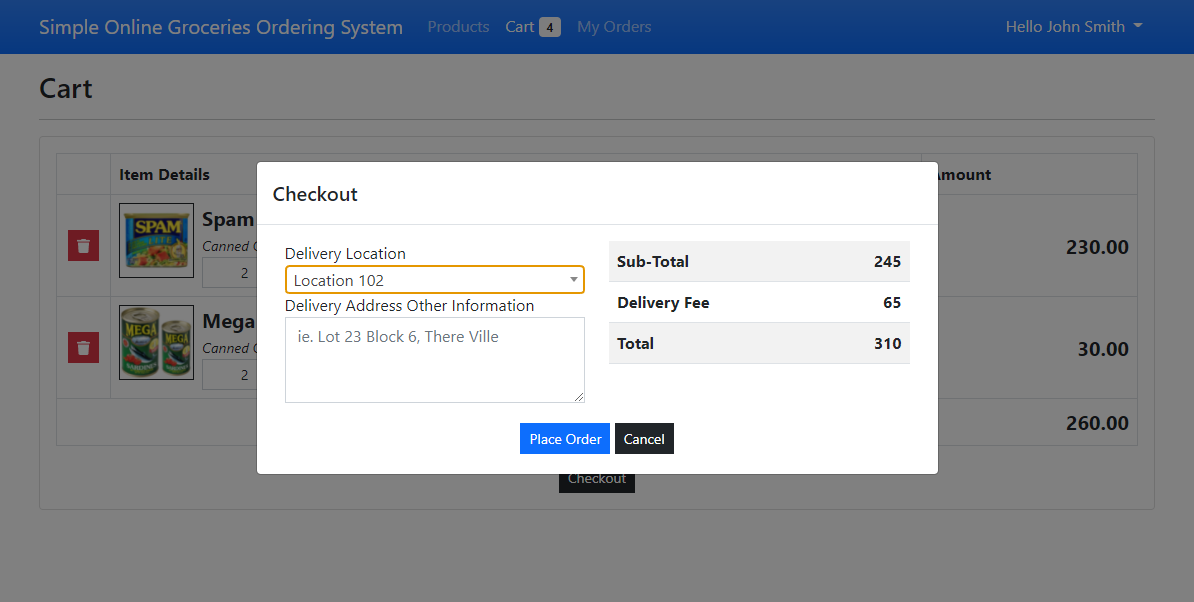 Simple Online Groceries Ordering System