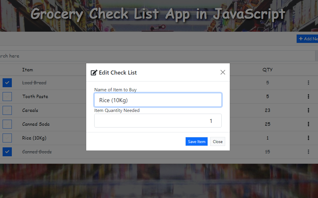 Simple Grocery Check List App in JavaScript Free Source Code